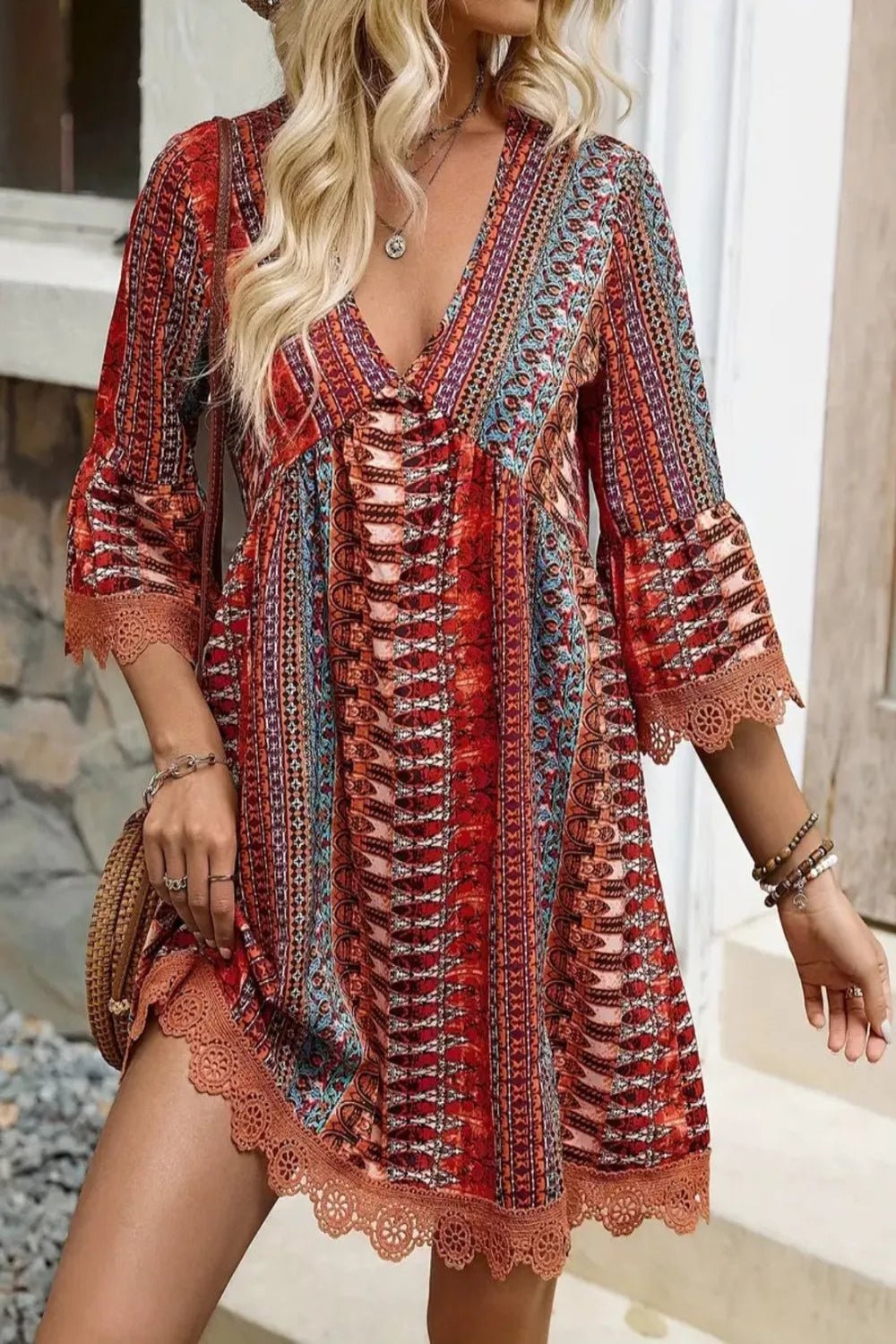 Lace Trim Printed V-Neck 3/4 Sleeve Dress - Salty Season LLC