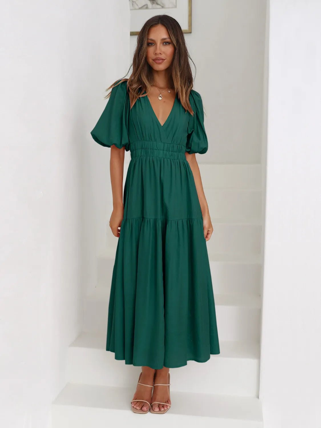 Tiered Surplice Half Sleeve Midi Dress - Salty Season LLC