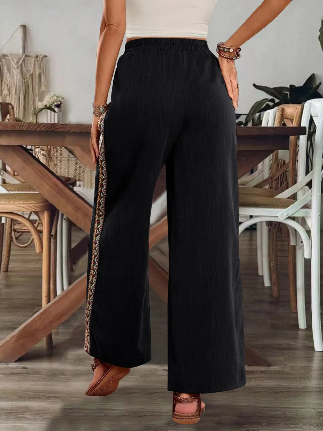 Bohemian Wide Leg Embroidered Side Stripe Pants - Salty Season LLC