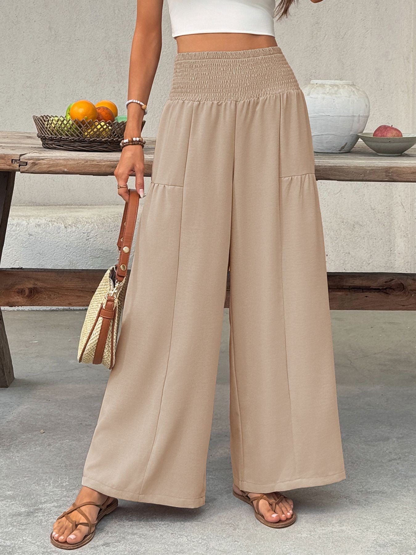 Smocked Waist Wide Leg Pants -white wall