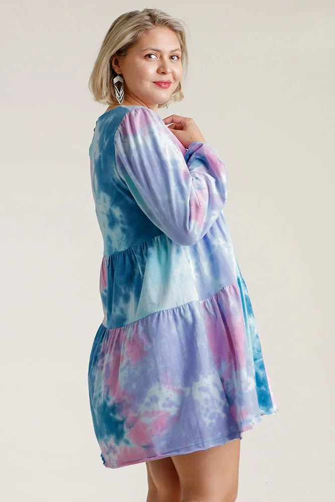 Umgee Full Size Tie Dye Round Neck Long Sleeve Babydoll Tiered Dress Plus Size - Salty Season LLC