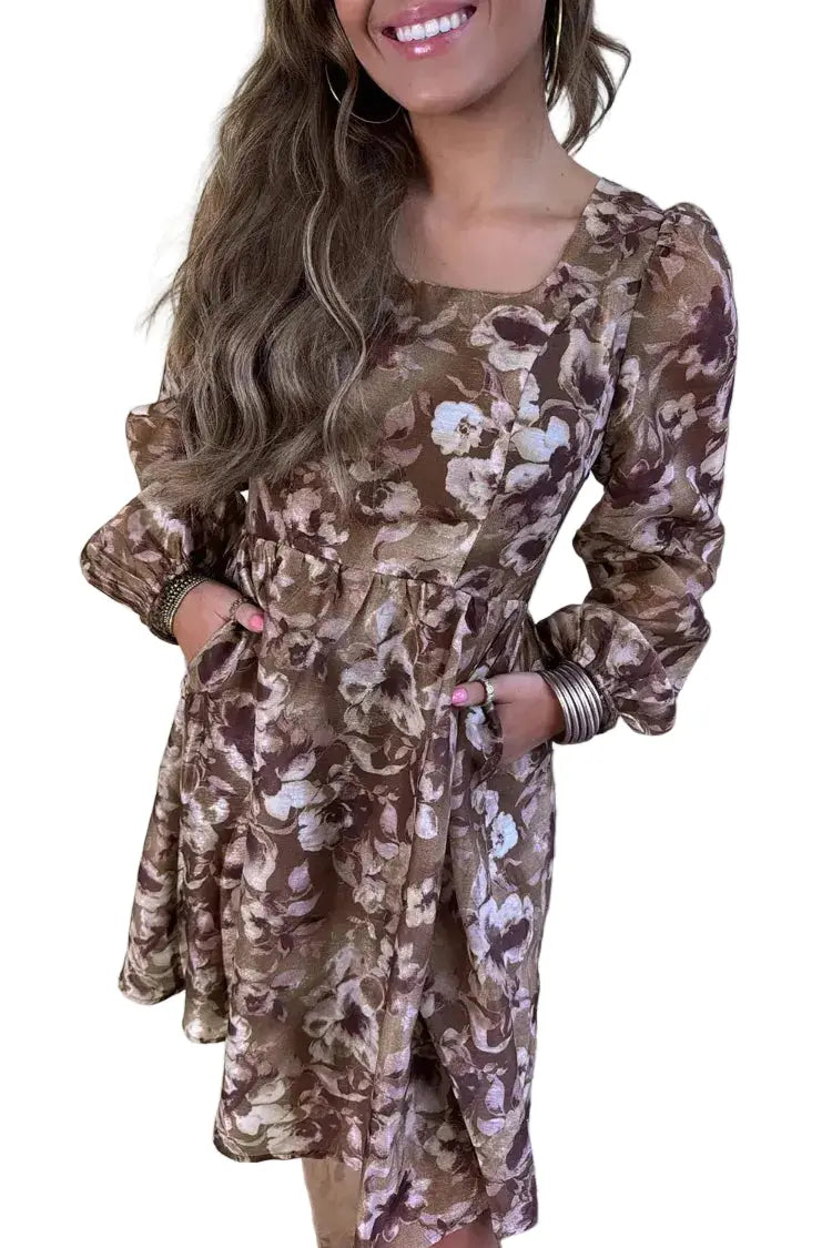 Abstract Floral Print Square Neck Long Sleeve Mini Shift Dress Trendsi