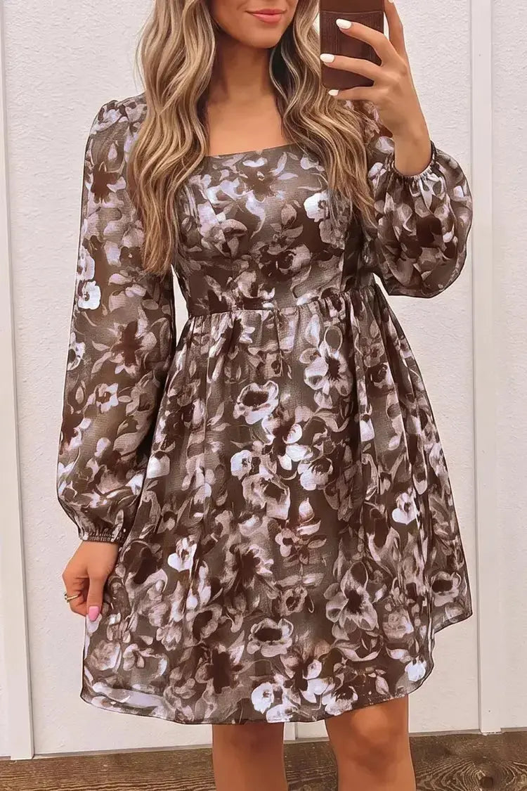 Abstract Floral Print Square Neck Long Sleeve Mini Shift Dress Trendsi