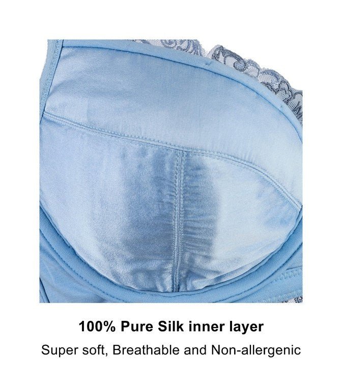 Cornflower blue silk organic cotton bra inner layer with scalloped lace trim
