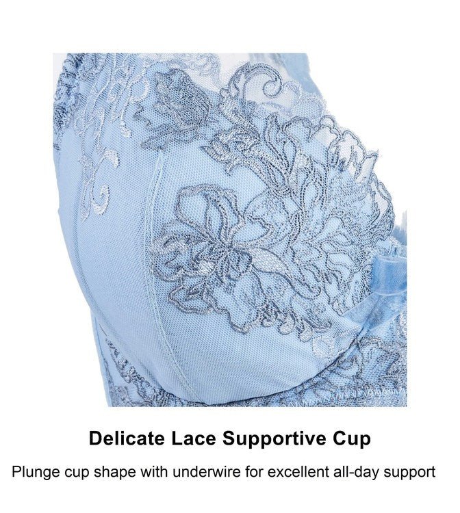 Close-up of silver floral lace embroidery on cornflower blue supportive underwire cup