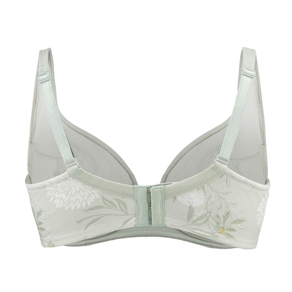 Light green bra with floral embroidery on a white background