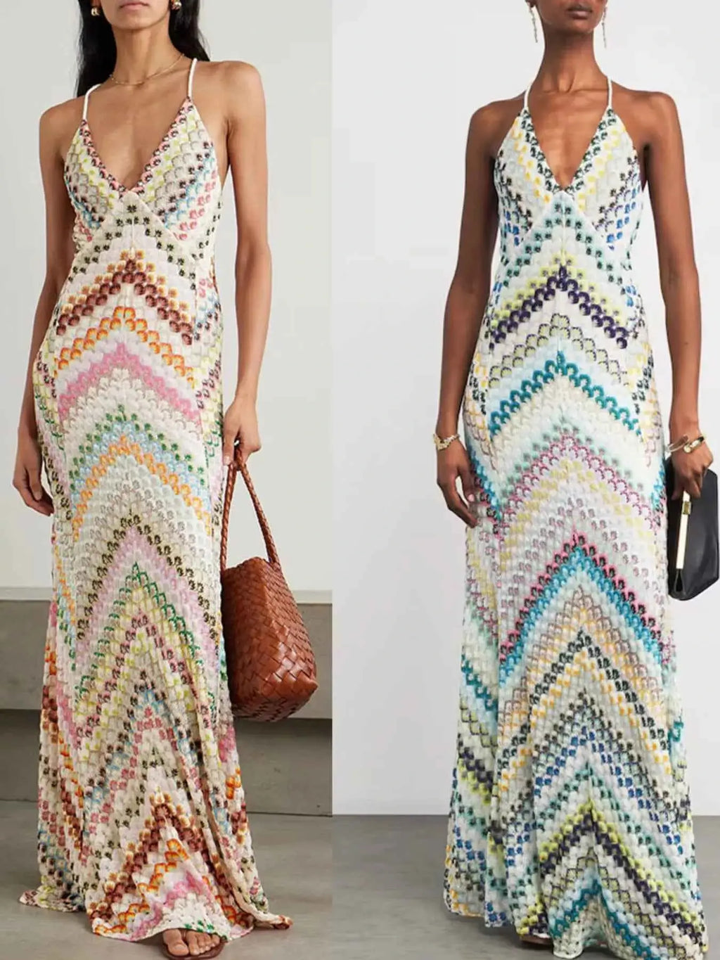 Two images of a woman wearing a colorful zigzag patterned dress.