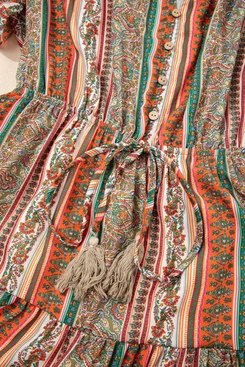 Close-up of a colorful patterned fabric with buttons and tassels.