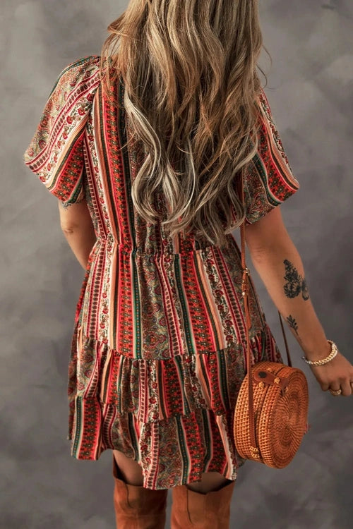 Bohemian Floral Print Buttoned V Neck Ruffle Tiered Dress - Salty Season LLC