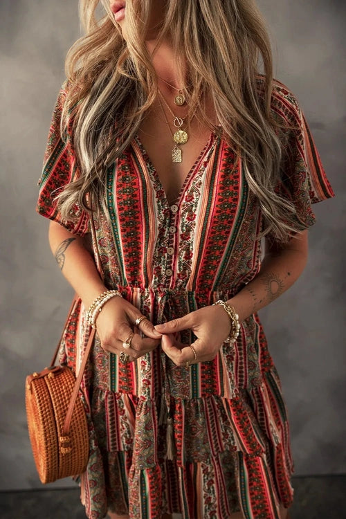 Bohemian Floral Print Buttoned V Neck Ruffle Tiered Dress - Salty Season LLC