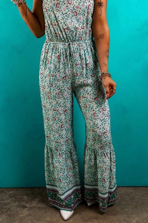 Bohemian Floral Ruffle Bottom Spaghetti Strap Jumpsuit - Salty Season LLC