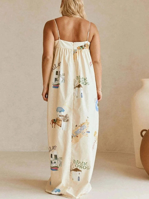 Back view of cream maxi dress with zipper closure and print