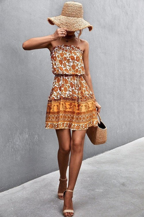 Bohemian Frill Trim Strapless Dress - Salty Season LLC