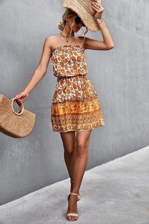 Bohemian Frill Trim Strapless Dress - Salty Season LLC