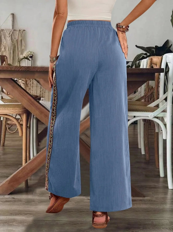 Bohemian Wide Leg Embroidered Side Stripe Pants - Salty Season LLC