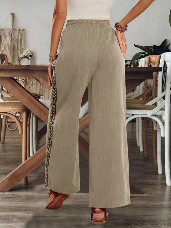 Bohemian Wide Leg Embroidered Side Stripe Pants - Salty Season LLC