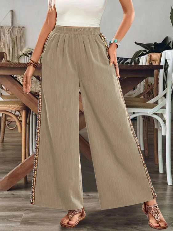 Bohemian Wide Leg Embroidered Side Stripe Pants - Salty Season LLC