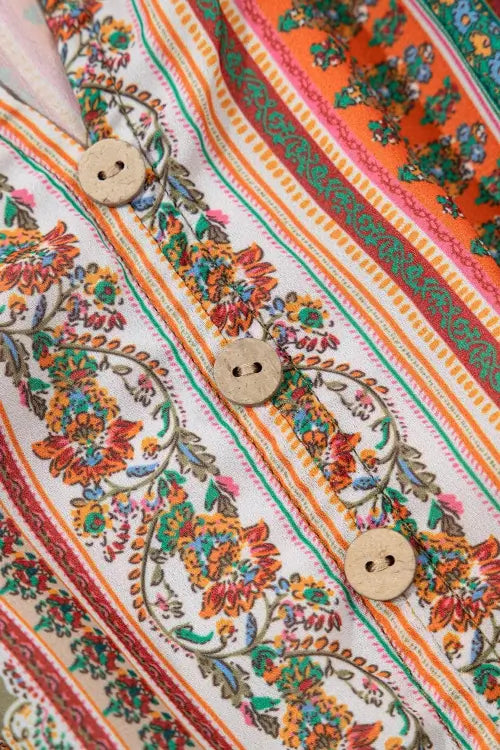 Colorful fabric with floral patterns and wooden buttons
