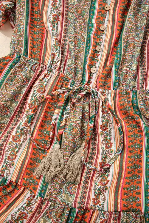 Close-up of a colorful patterned fabric with buttons and tassels.