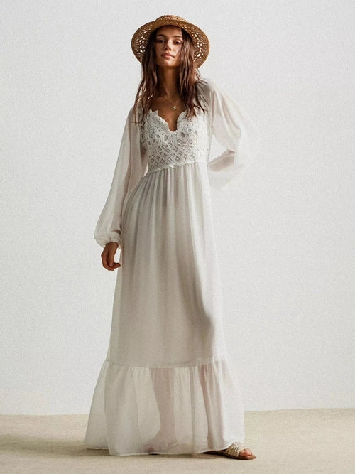 White boho maxi dress intricate floral crochet lace bodice full length