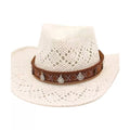 White boho woven cowboy hat with perforated texture and beaded band