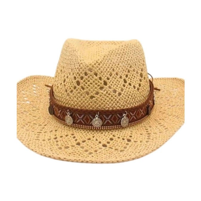 Beige open-weave cowboy hat with geometric embroidered band and charms