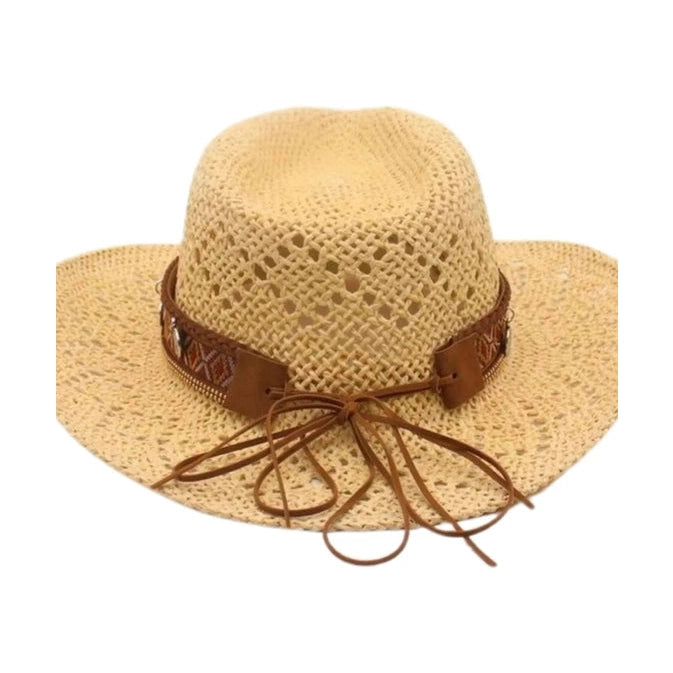 Light beige woven cowboy hat with brown cord bow detail