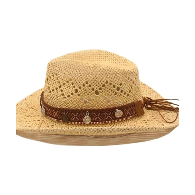 Beige boho cowboy hat with loose cord tails and beaded trim