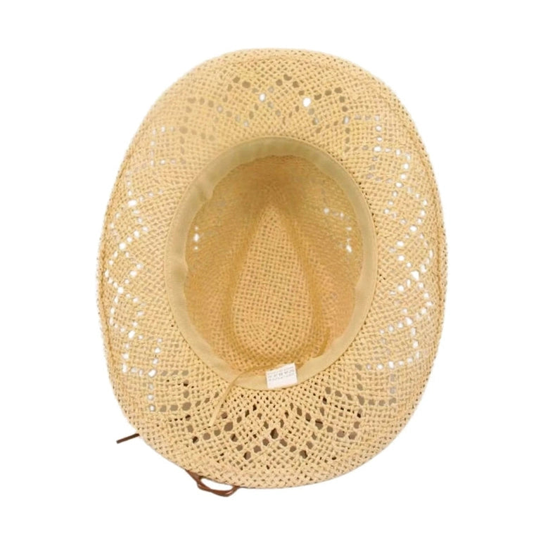 Top view of beige woven cowboy hat showing interior lining and leather ties