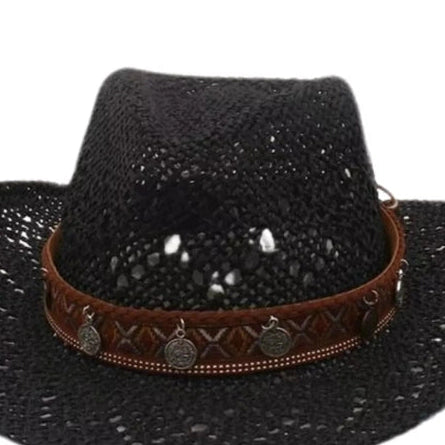 Black woven cowboy hat with wide brim and silver charm accents