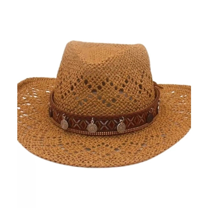 Tan woven cowboy hat featuring diamond-patterned embroidery and beads