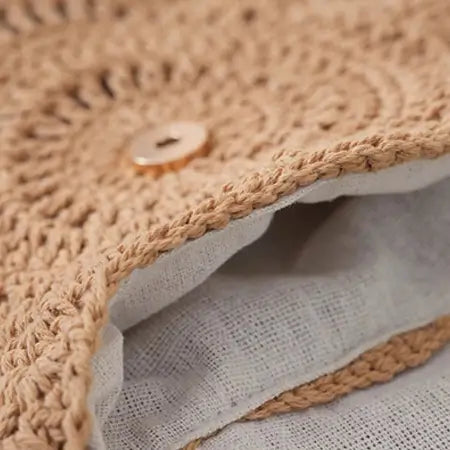 Close-up of a brown woven bag with a button detail on a white background