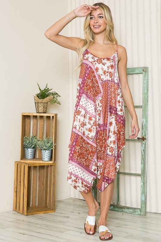 boho jumpsuit on blonde with white sandals