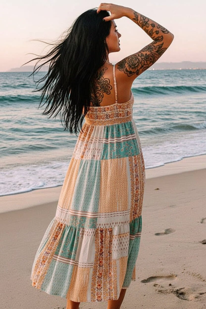 Back view of mint patchwork sundress with relaxed fit and soft color palette.