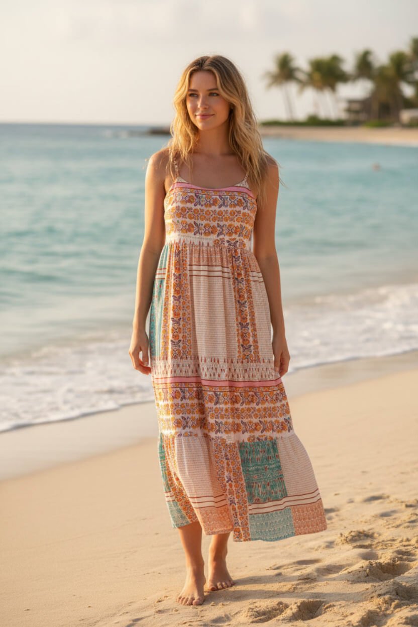 Model is wearing mint patchwork square‑neck sundress for everyday warm‑weather style.