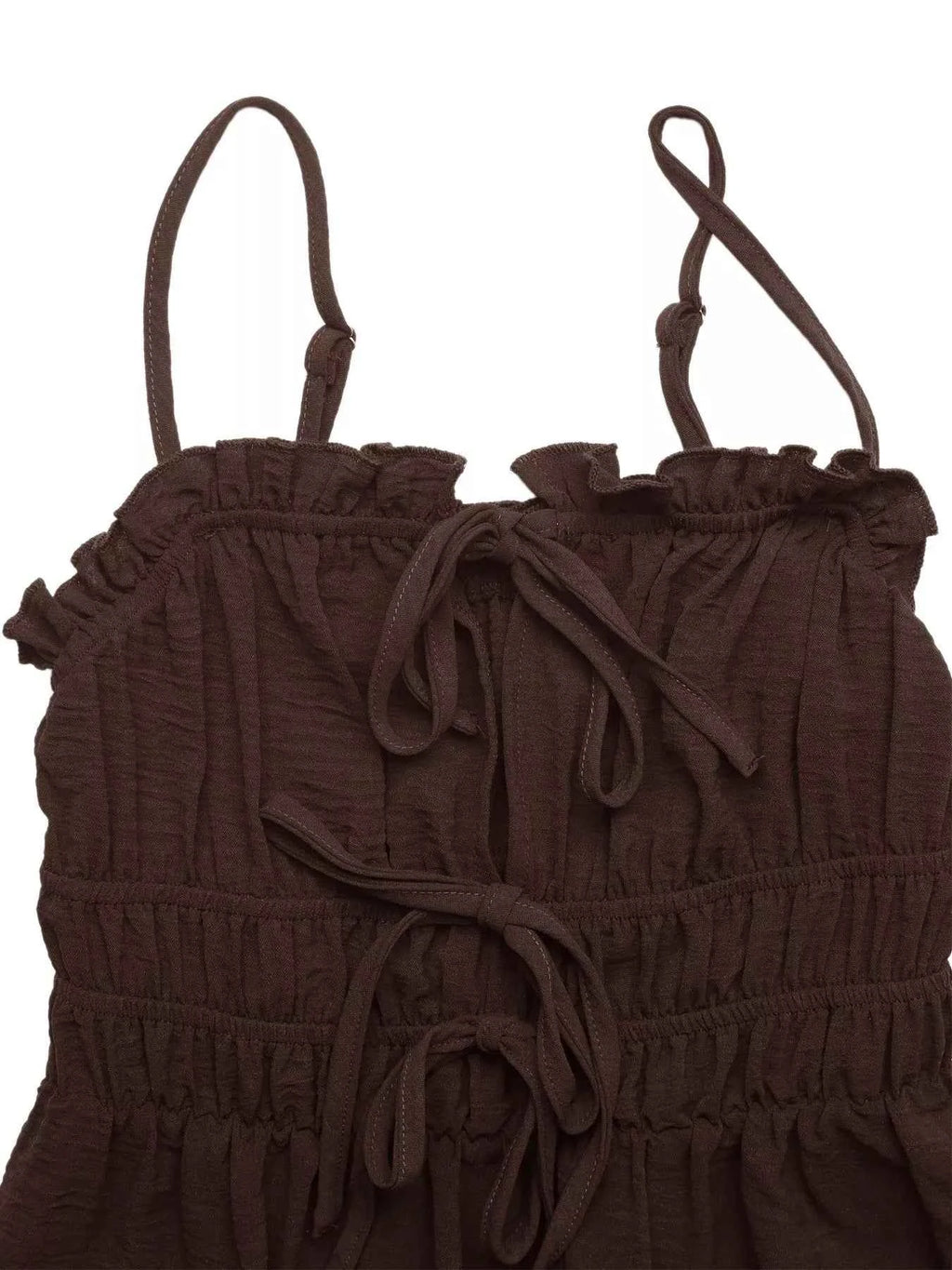 Brown smocked top with thin straps on a white background