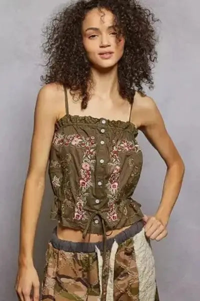 Front button down olive green floral embroidery cropped camisole