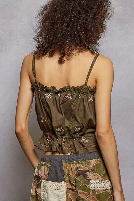Olive green floral embroidered cropped cami back with lace trim