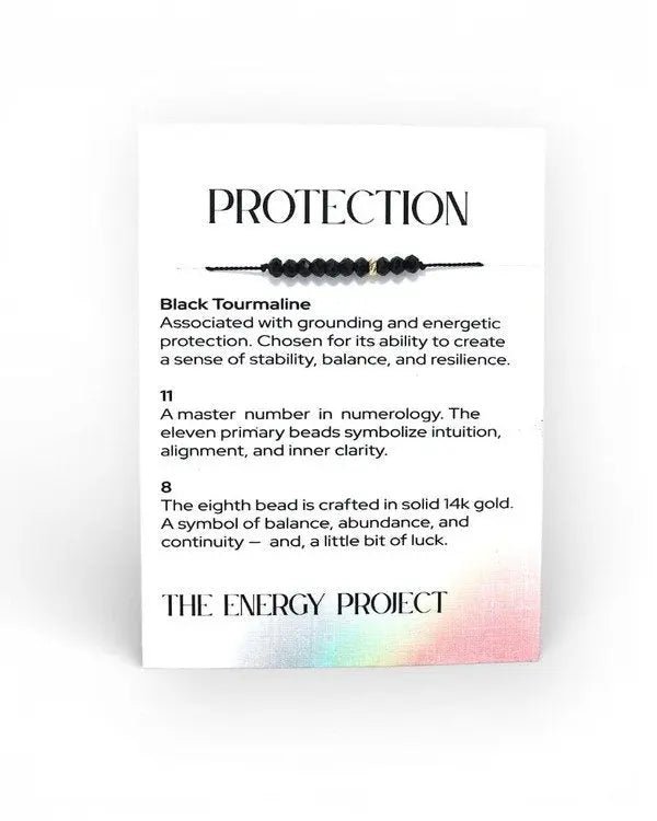 Product description card for a black tourmaline bracelet with energy project branding.