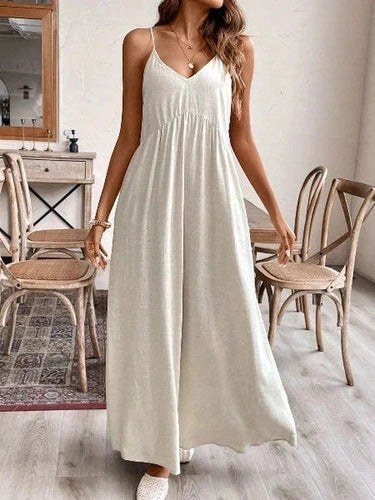 Full body cream rayon linen maxi dress on model