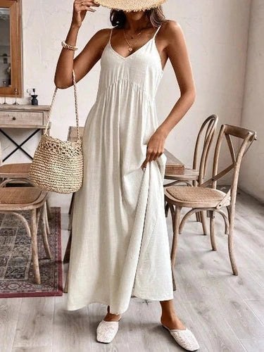 Cream spaghetti strap maxi dress floor length flow view