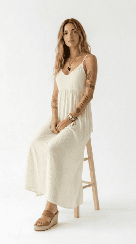 Rayon linen blend cream maxi dress fabric texture detail