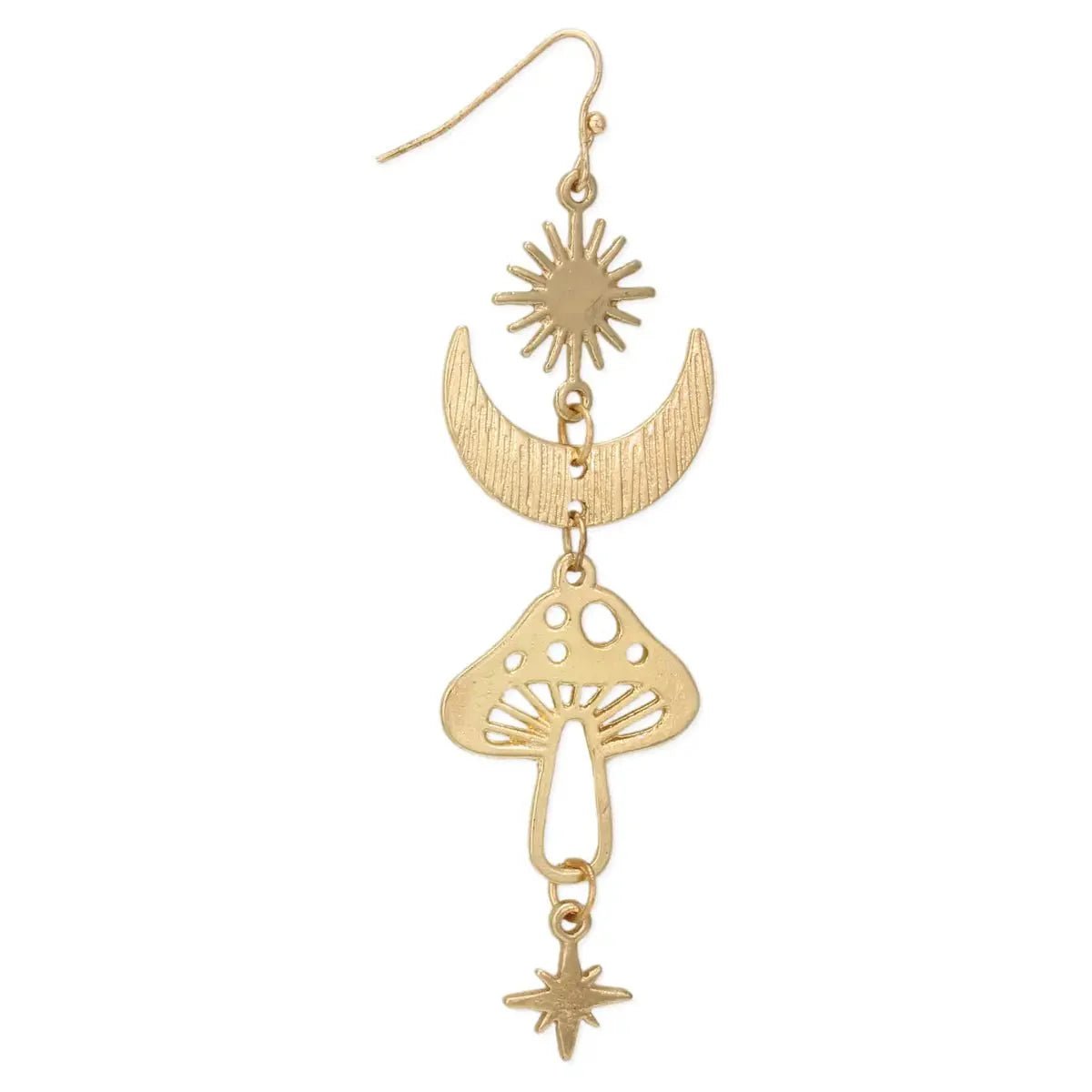 Celestial Magical Mushroom Gold Hook Earrings | 3" x 1" Gold Earrings - Salty Season LLC
