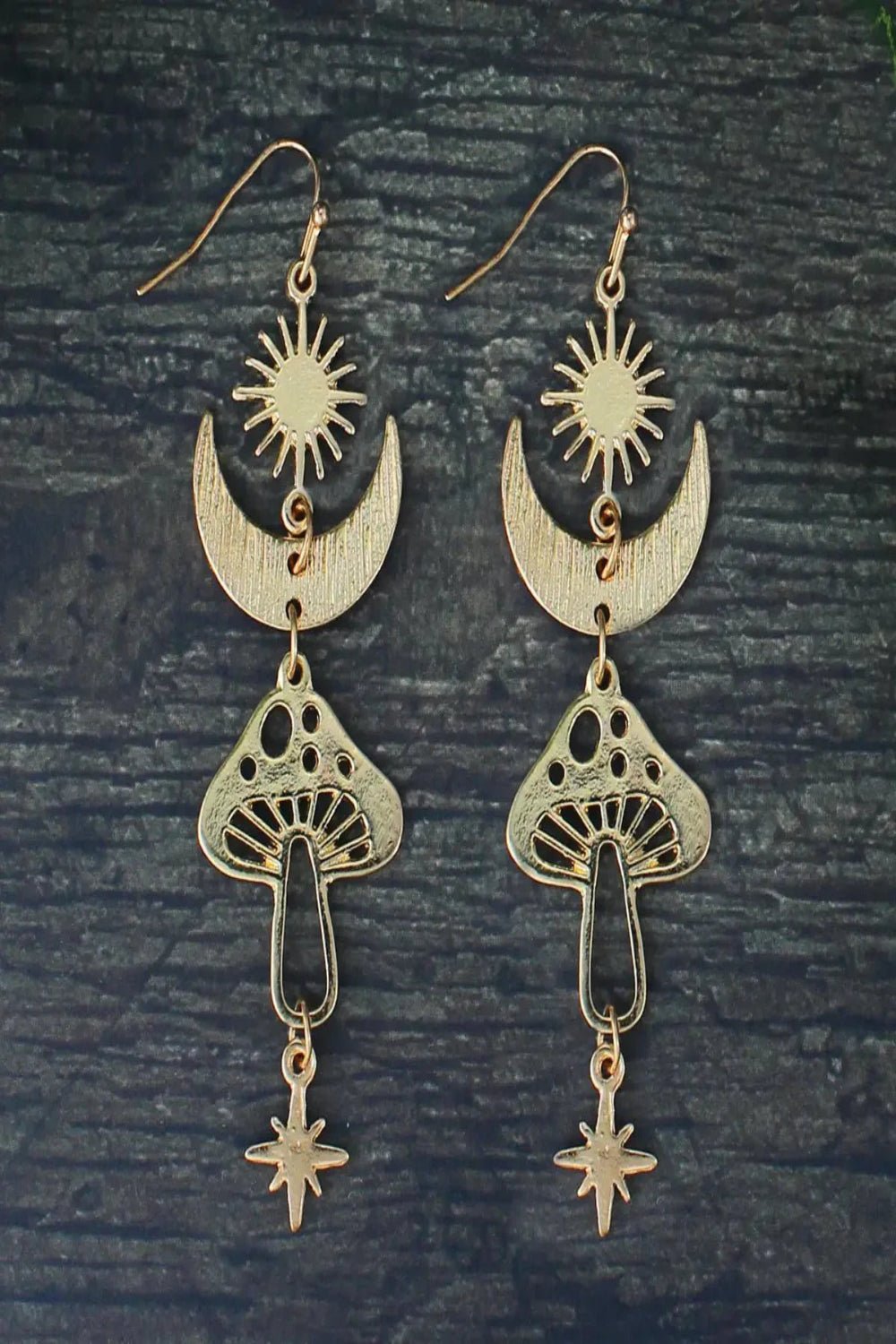 Celestial Magical Mushroom Gold Hook Earrings | 3" x 1" Gold Earrings - Salty Season LLC