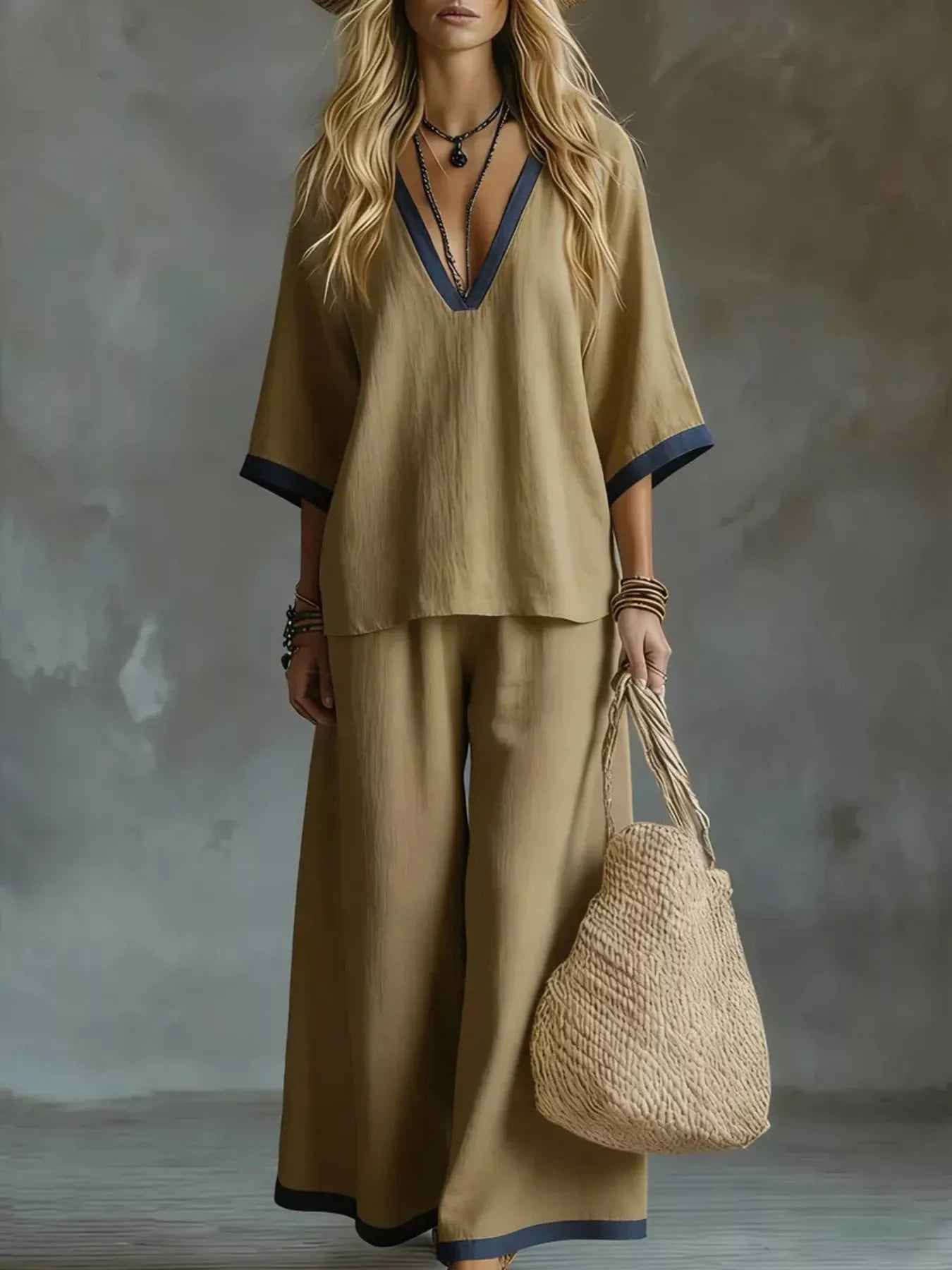 Woman in a beige outfit holding a woven bag against a textured gray background