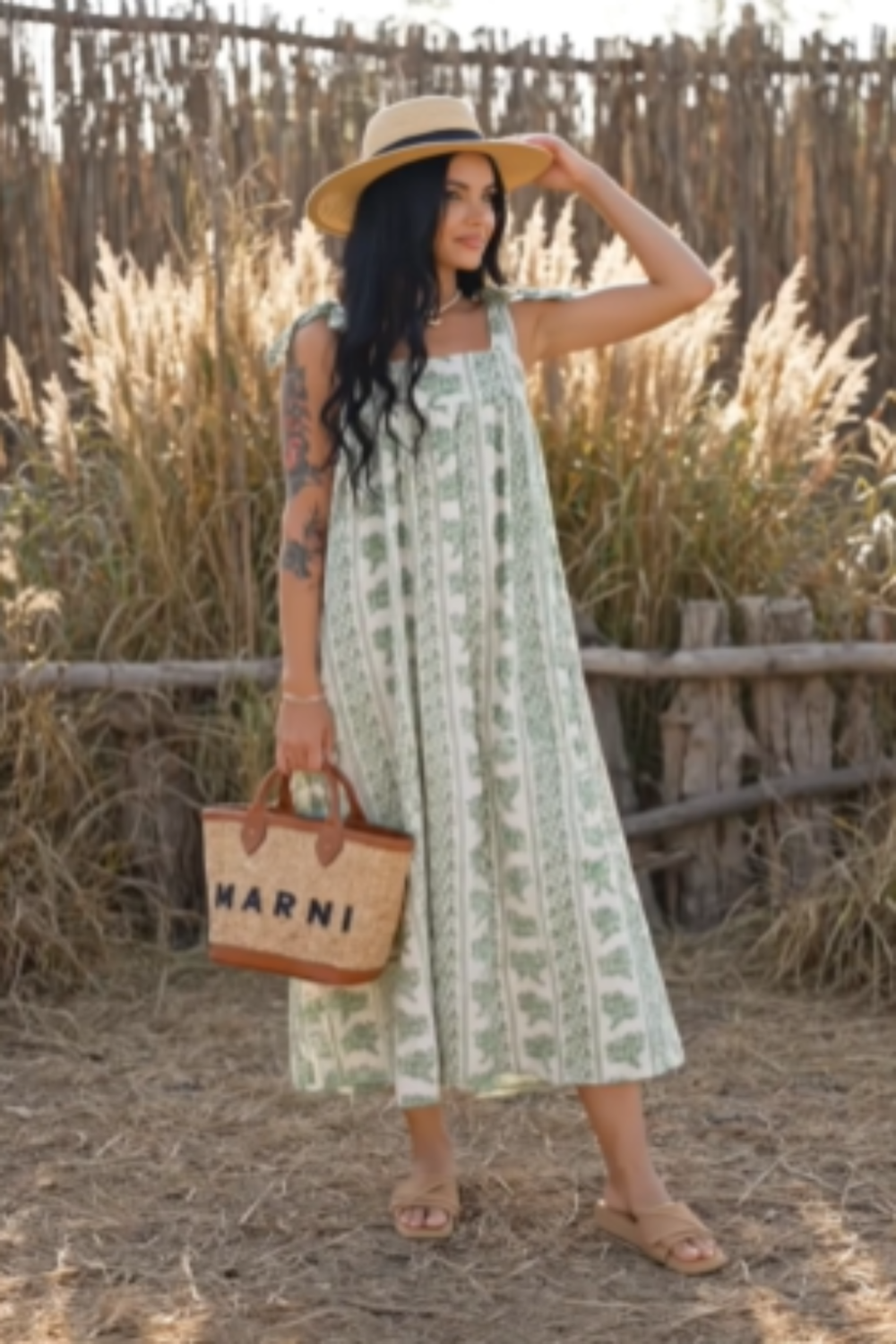 Woman in a green patterned dress holding a Marni bag outdoors.