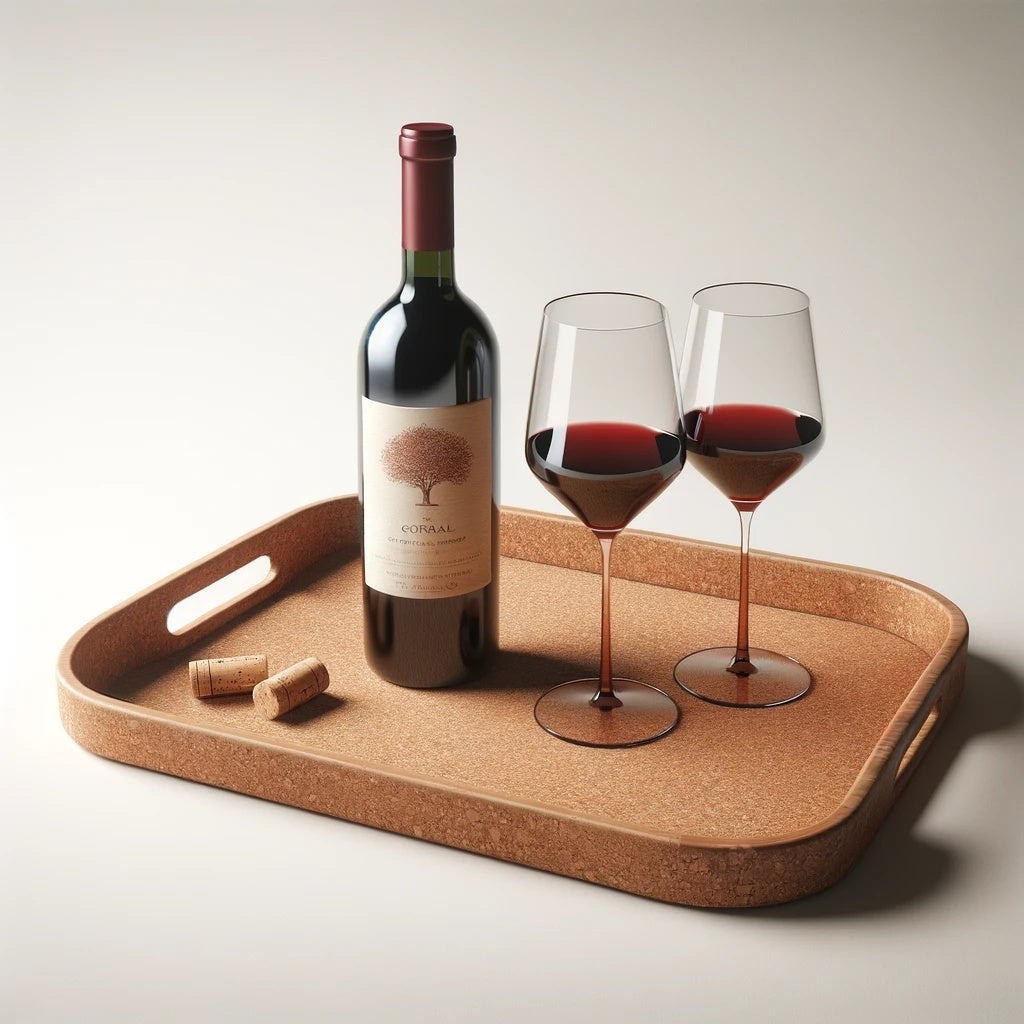 Wine bottle with two glasses of red wine on a cork tray.