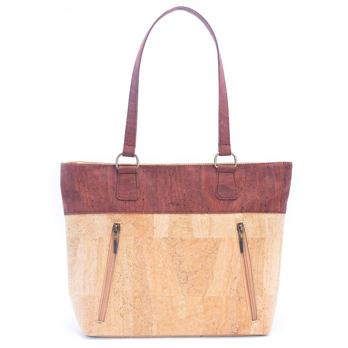 Cork tote bag with a brown top section on a white background