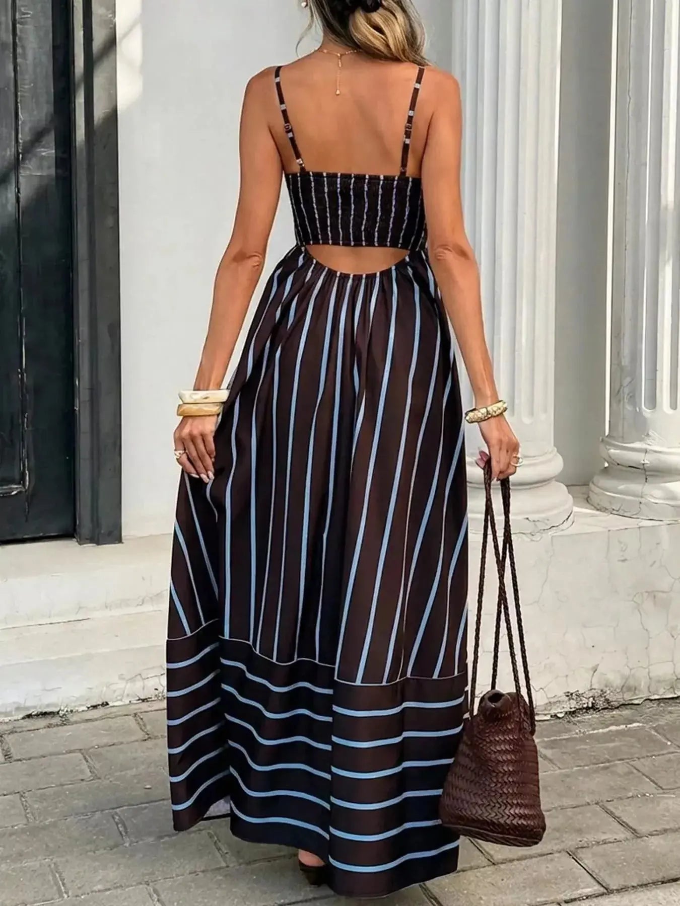 Cutout Back Striped Maxi Dress Trendsi