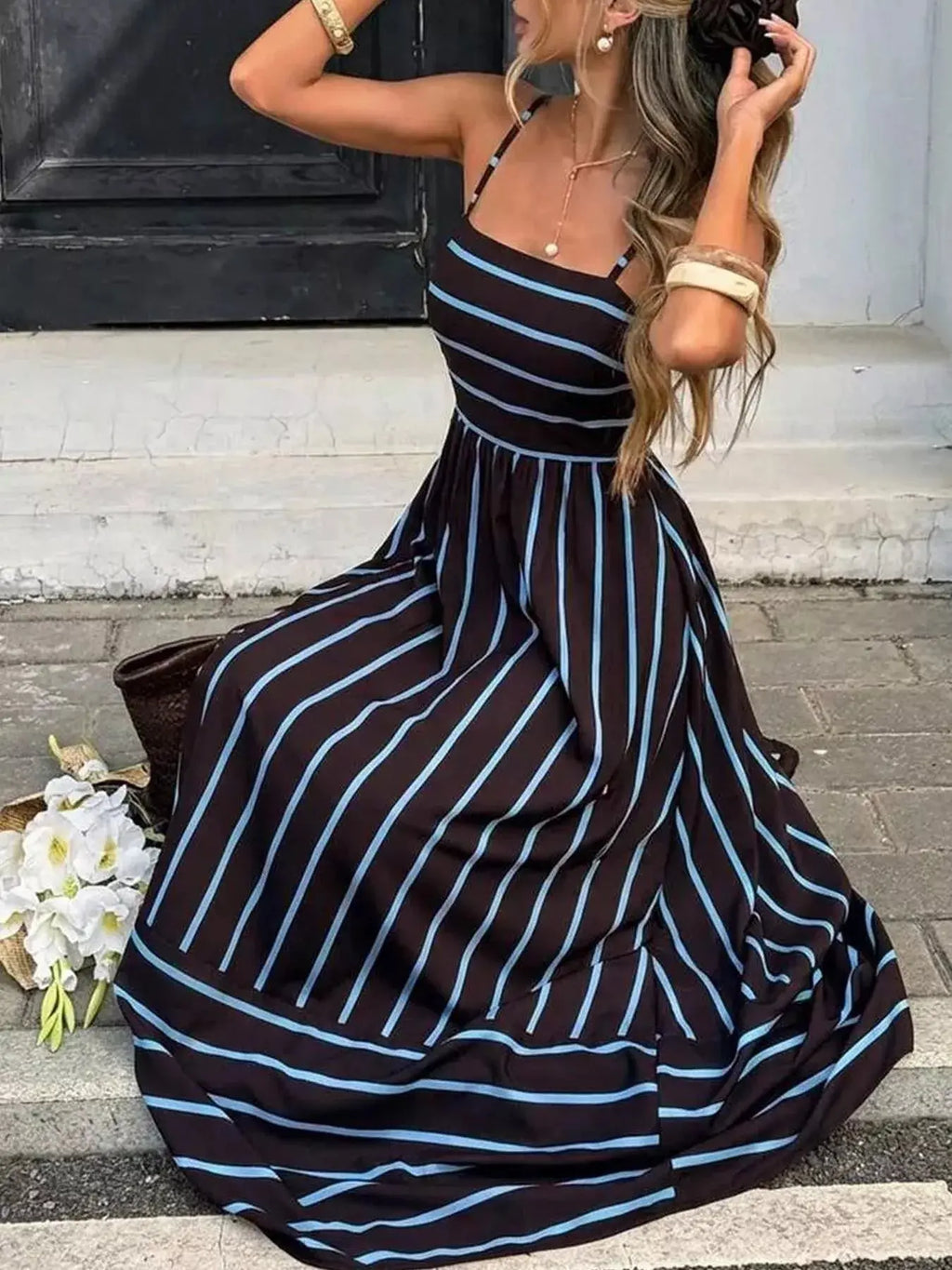 Cutout Back Striped Maxi Dress Trendsi